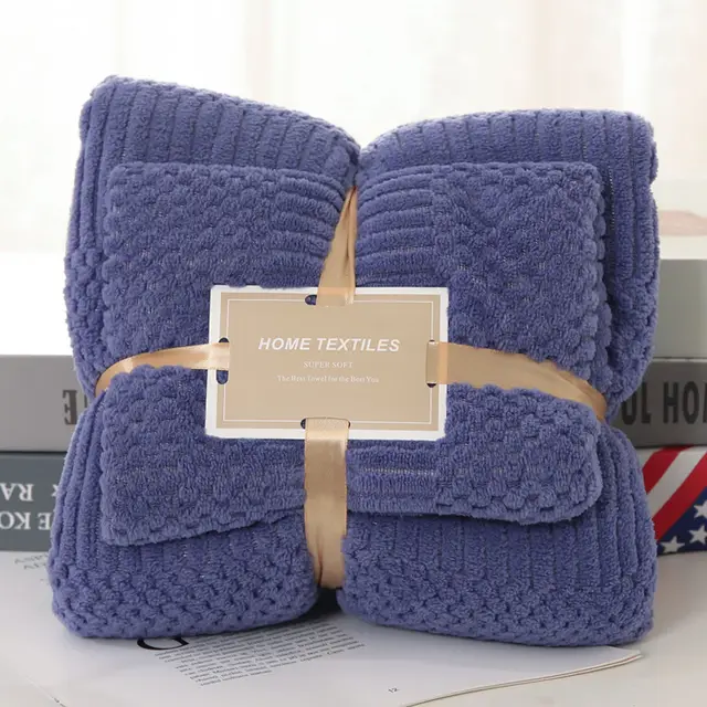 Coral Velvet Auspicious Grid Soft Absorbent Unisex Towels Suit Dark Blue - Shop at LoveMi