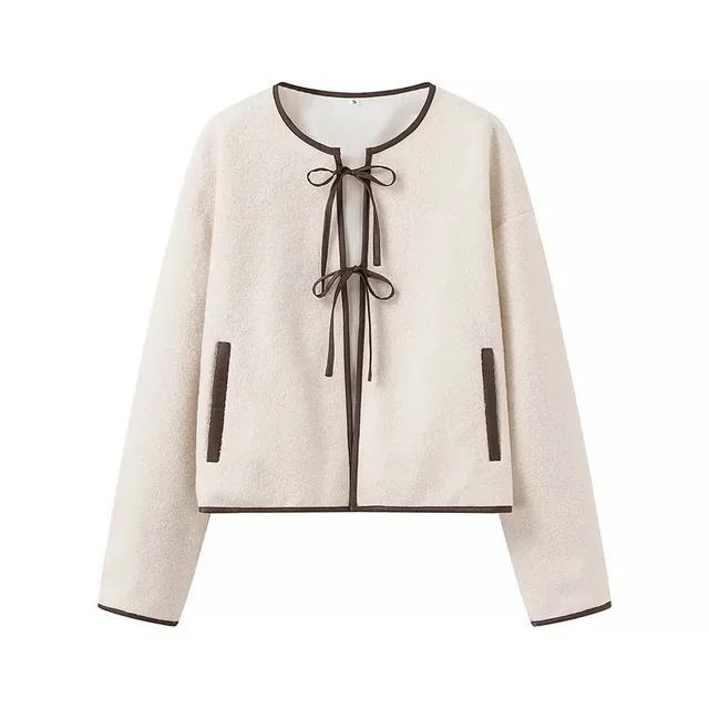 Women's Fashion Round Neck Bowknot Tie front Top Off White - Shop at LoveMi