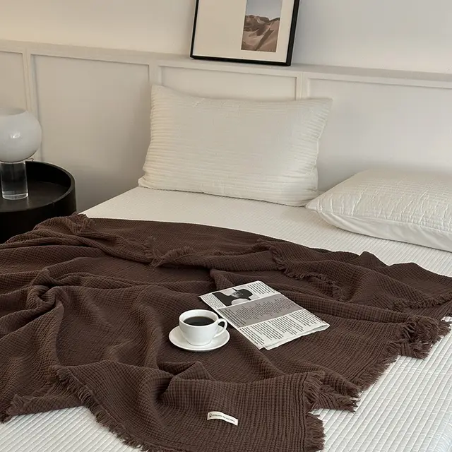 Tassel Towel Pure Cotton Four layer Gauze Cover Blanket Clay - Shop at LoveMi