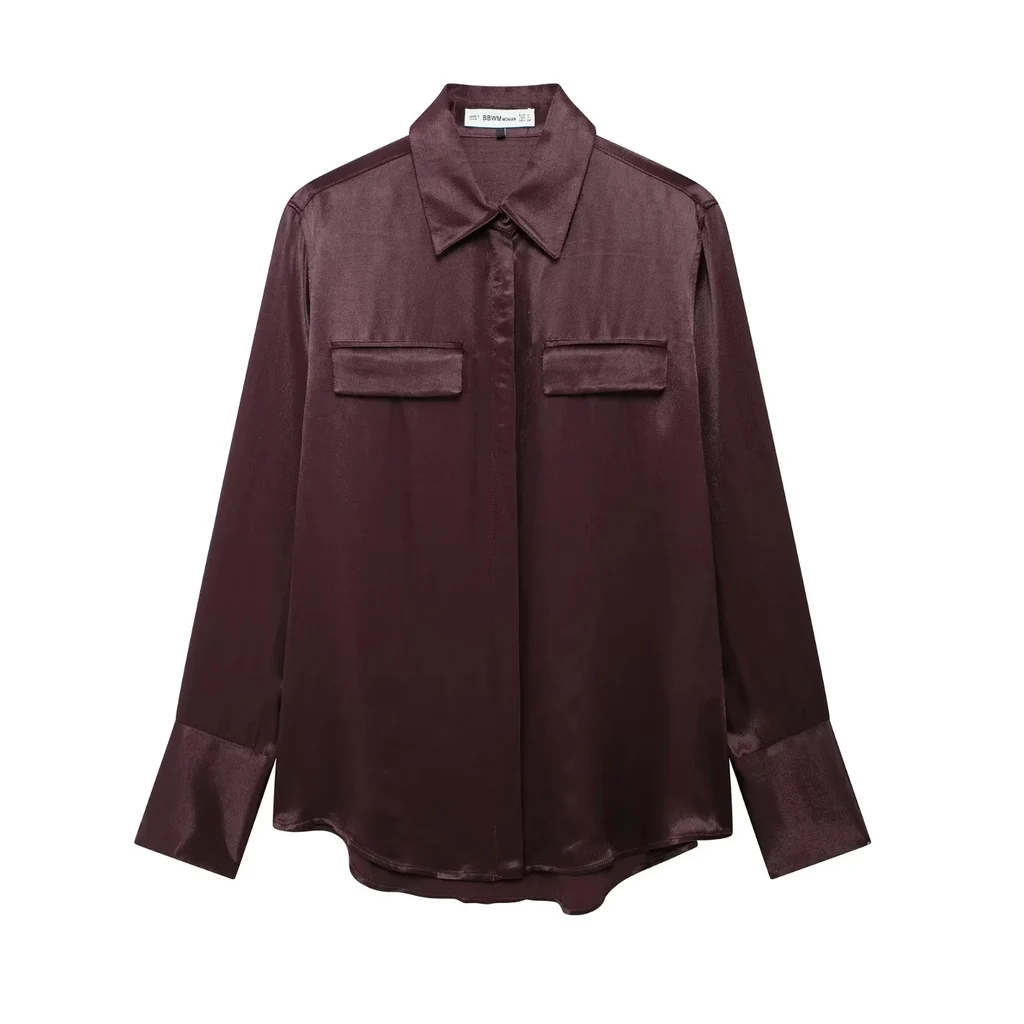 Women's Pocket Silk Satin Long-sleeved Shirt - Dark Red