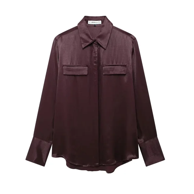 Women's Pocket Silk Satin Long sleeved Shirt Dark Red - Shop at LoveMi