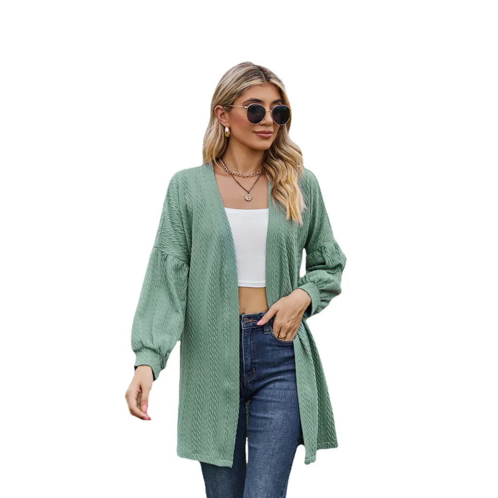 Long Sleeve Solid Color Loose Cardigan Top Women's Knitting Coat - Dark Green