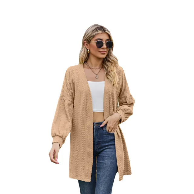 Long Sleeve Solid Color Loose Cardigan Top Women's Knitting Coat Light Khaki - Shop at LoveMi