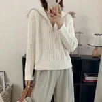 Lapel Half Zipper Cable-knit Pullover Sweater For Women - Beige