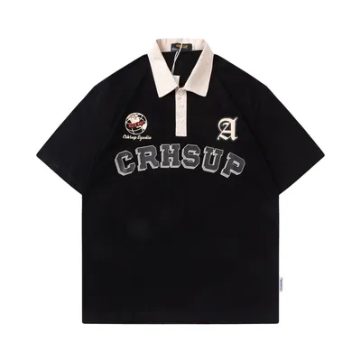 Letter Printing Lapel Short Sleeve T shirt Couple Black - Shop at LoveMi