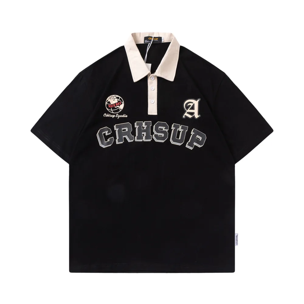 Letter Printing Lapel Short Sleeve T shirt Couple Black - Shop at LoveMi