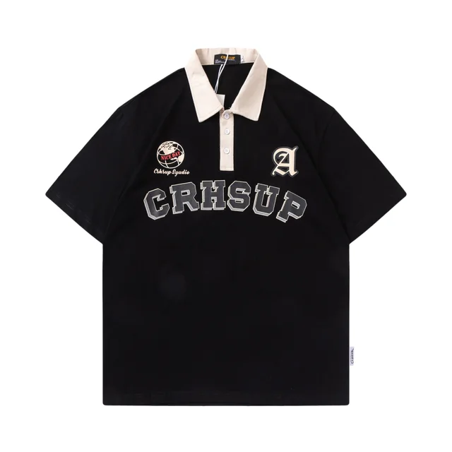 Letter Printing Lapel Short Sleeve T shirt Couple Zowens 556 Black - Shop at LoveMi