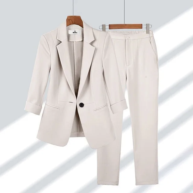 Simple Solid Color Plus Size Suit Two piece Set Beige Suit - Shop at LoveMi
