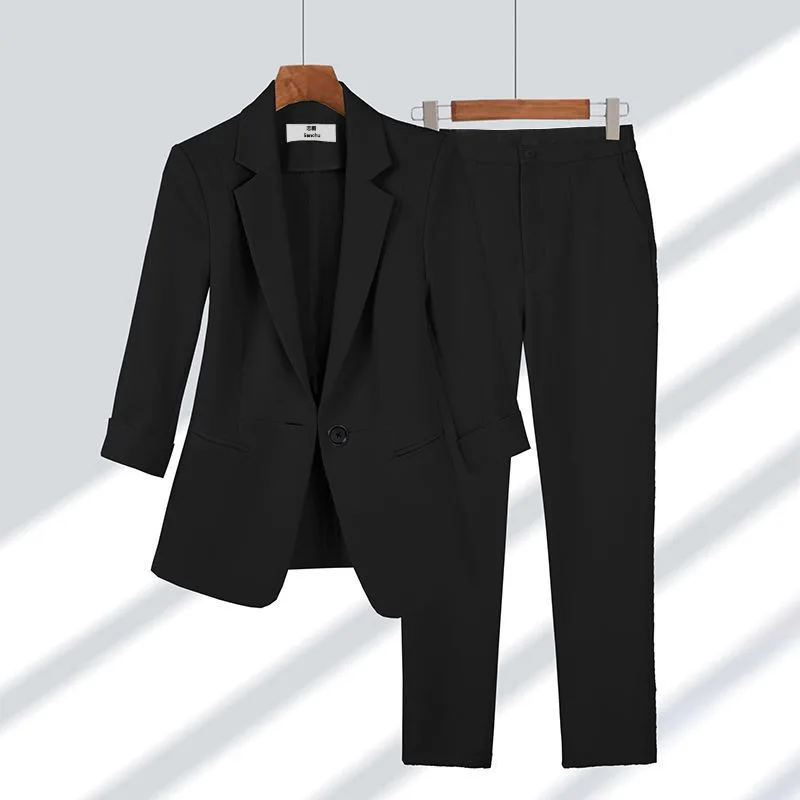 Simple Solid Colour Plus Size Suit Two-piece Set - Black Suit