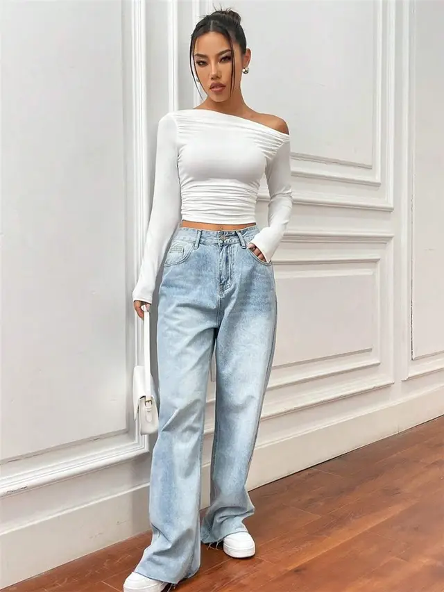 Slim Fit All match Shoulder Pleating Long Sleeve Women's T shirt White - Shop at LoveMi