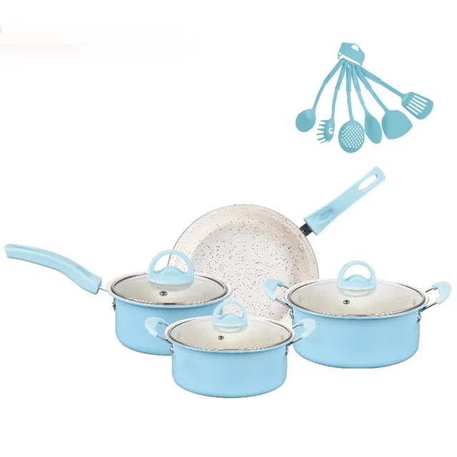 Pot Set Non stick Pan Soup Omelette Ceramic Coating Pot Set Blue - Shop at LoveMi