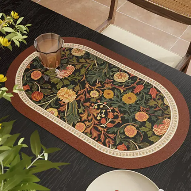 Retro Flower Waterproof Easy To Clean Oval Western style Placemat Orange Retro Green - Shop at LoveMi