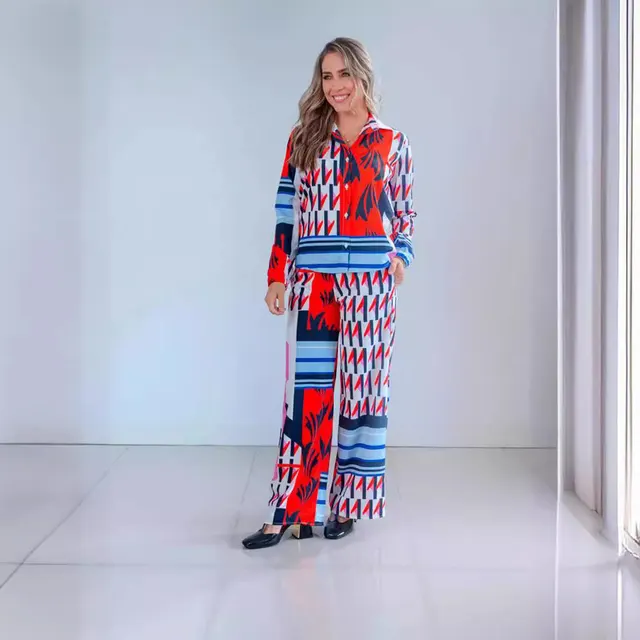 Elegant Lapel Floral Wide leg Pants Two piece Suit Red - Shop at LoveMi