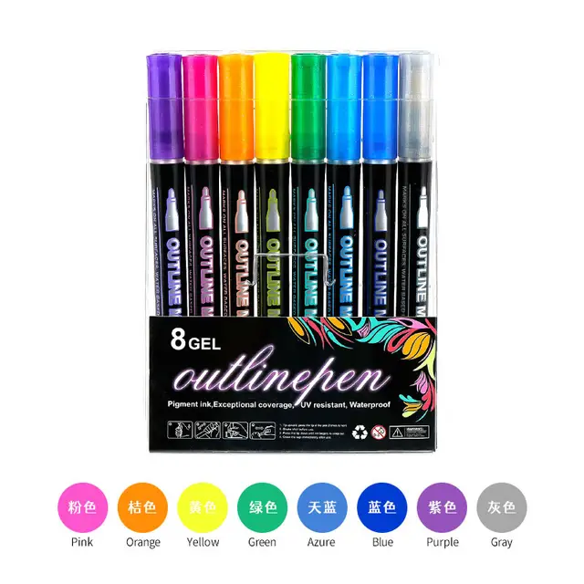 Double Line Outline Pen 24 Color Suit Dream Color Mark Fluorescent Marker 8 Colors Suit - Shop at LoveMi