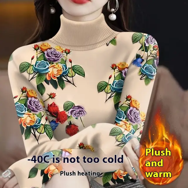 Turtleneck Print Inner Wear T shirt Female Fashion Apricot Bottom Rose - Shop at LoveMi