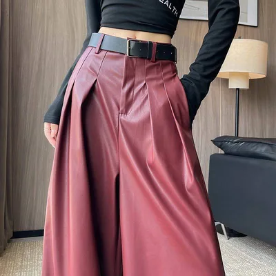 Suit Wide leg Leather Pants Women's High Waist Loose Angola Red Belt - Shop at LoveMi
