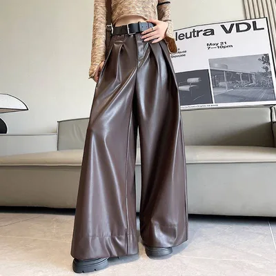 Suit Wide leg Leather Pants Women's High Waist Loose Brown - Shop at LoveMi