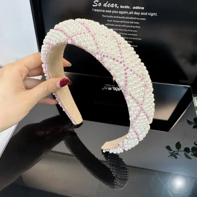 Pearl High Skull Top Headband Diamond Rhinestone 3Cm Pink Diamond - Shop at LoveMi