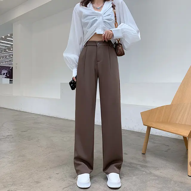 Spring Popular Narrow Wide leg Women's Small High Waist Drape Straight Loose Casual Pants Brown Lengthened - Shop at LoveMi