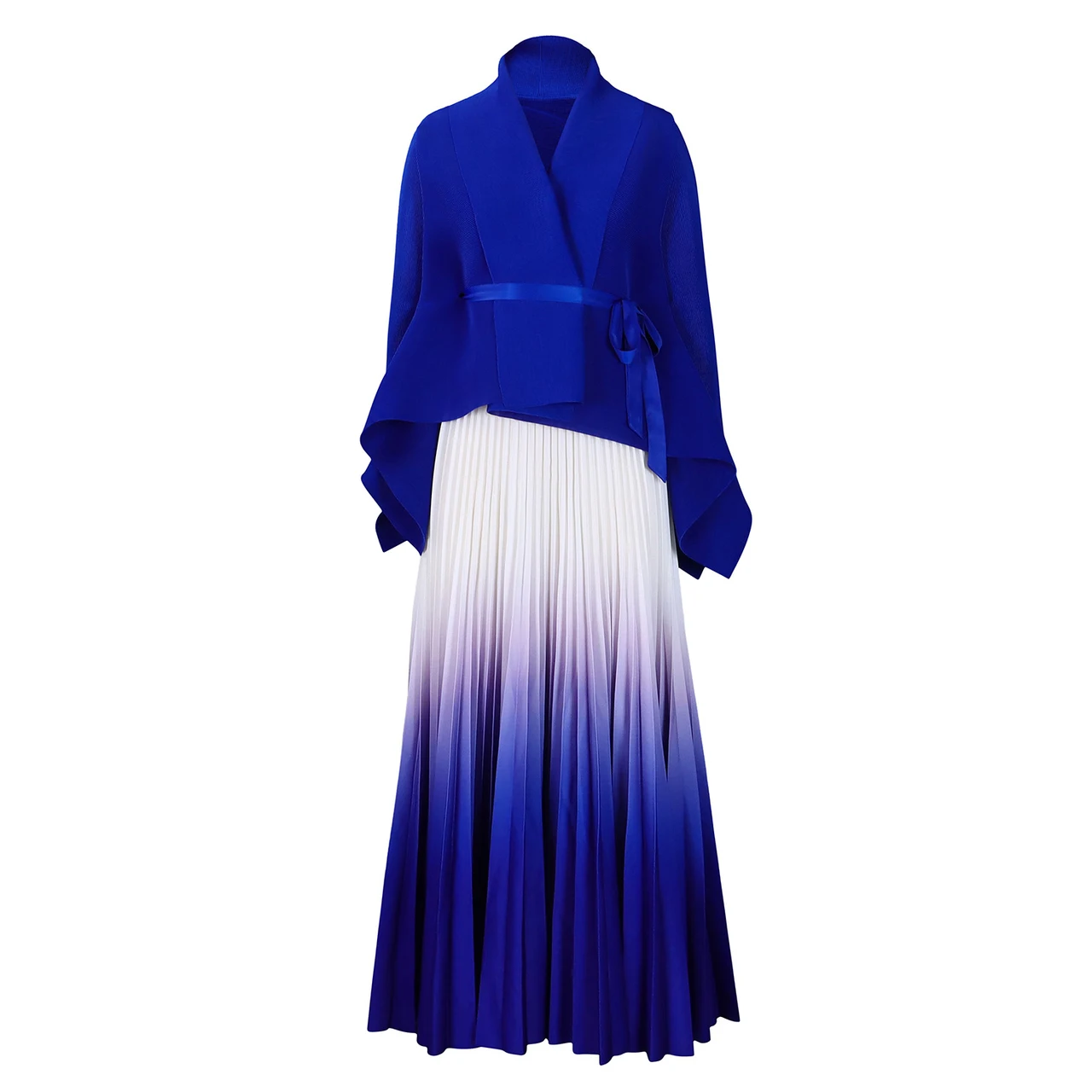 Plus Size Fashion Elegant Batwing Sleeve Top Gradient Colour Skirt Two-piece Set - Sapphire Blue