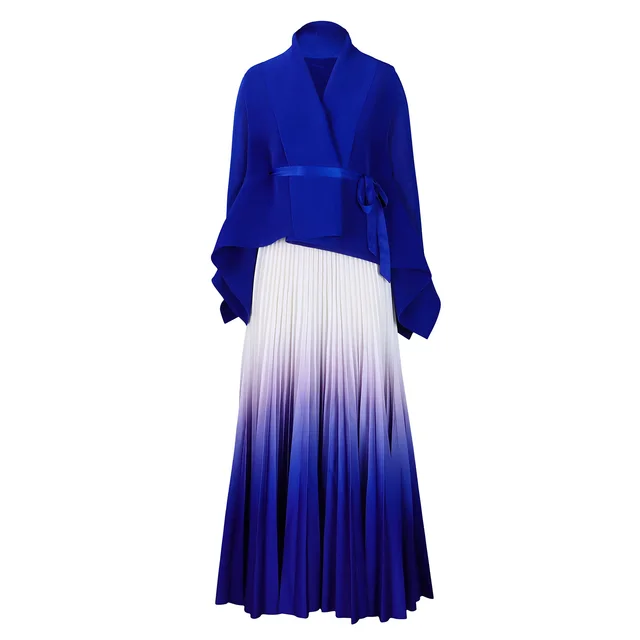 Plus Size Fashion Elegant Batwing Sleeve Top Gradient Color Skirt Two piece Set Sapphire Blue - Shop at LoveMi