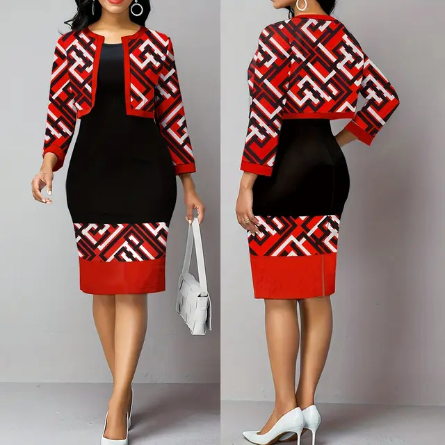 Plus Size Women's Vest Dress Cardigan Jacket Two piece Set Red - Shop at LoveMi
