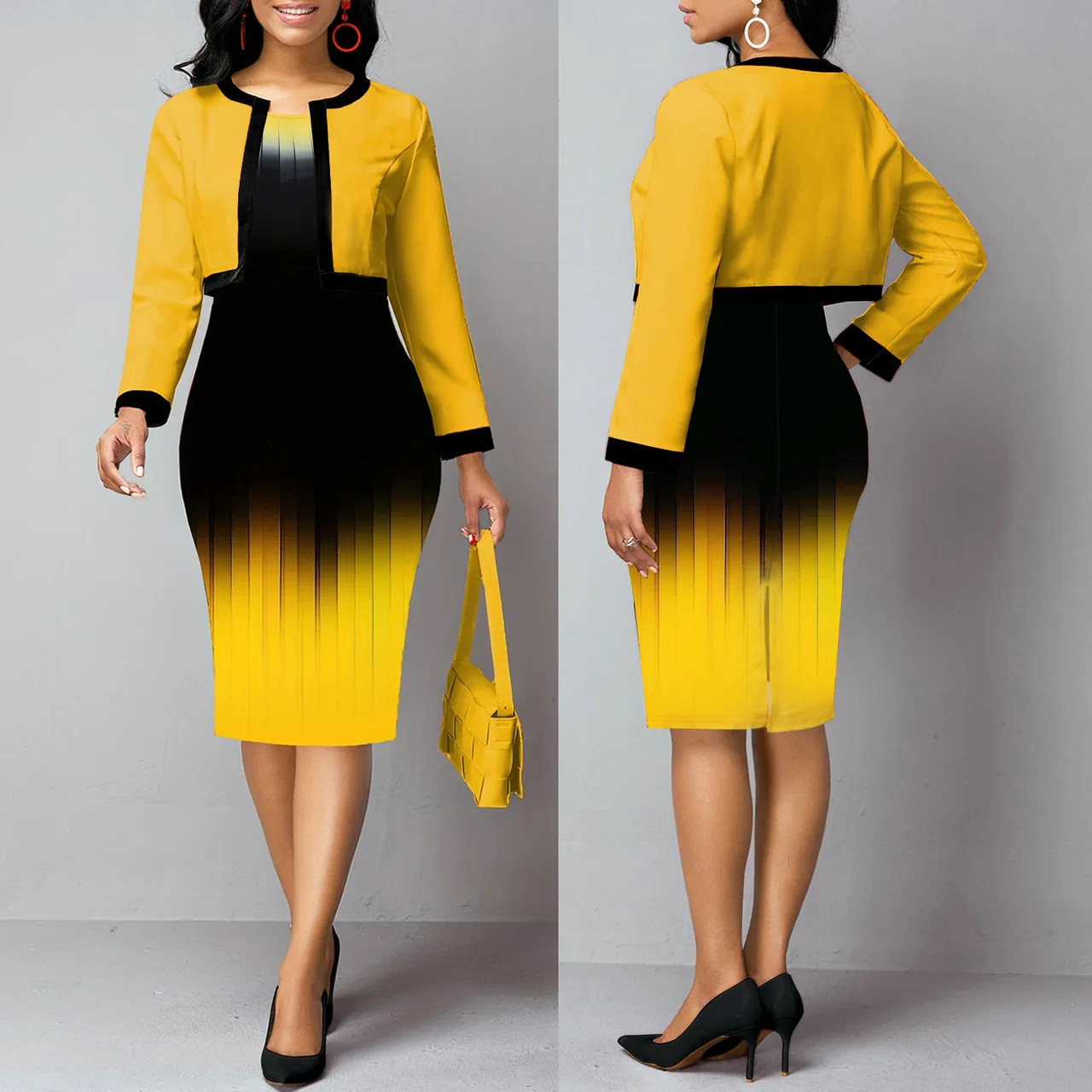 Plus Size Women's Vest Dress Cardigan Jacket Two-piece Set - Yellow