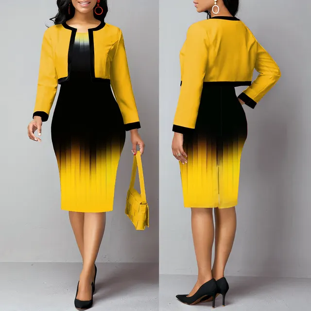 Plus Size Women's Vest Dress Cardigan Jacket Two piece Set Yellow - Shop at LoveMi