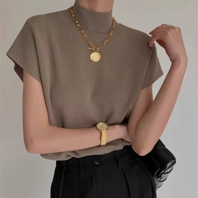 French Retro Half Turtleneck Short Sleeve T shirt For Women Khaki - Shop at LoveMi