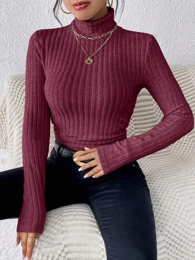 Autumn And Winter V neck Long Sleeve Brushed Sunken Stripe Knitted Top Wine Red - Shop at LoveMi