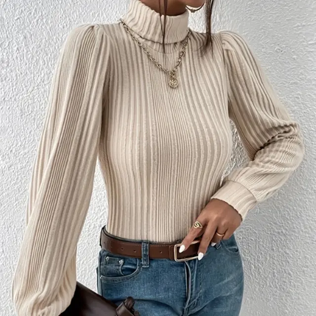 Autumn New Brushed Sunken Stripe Turtleneck Long Sleeve T shirt Apricot - Shop at LoveMi