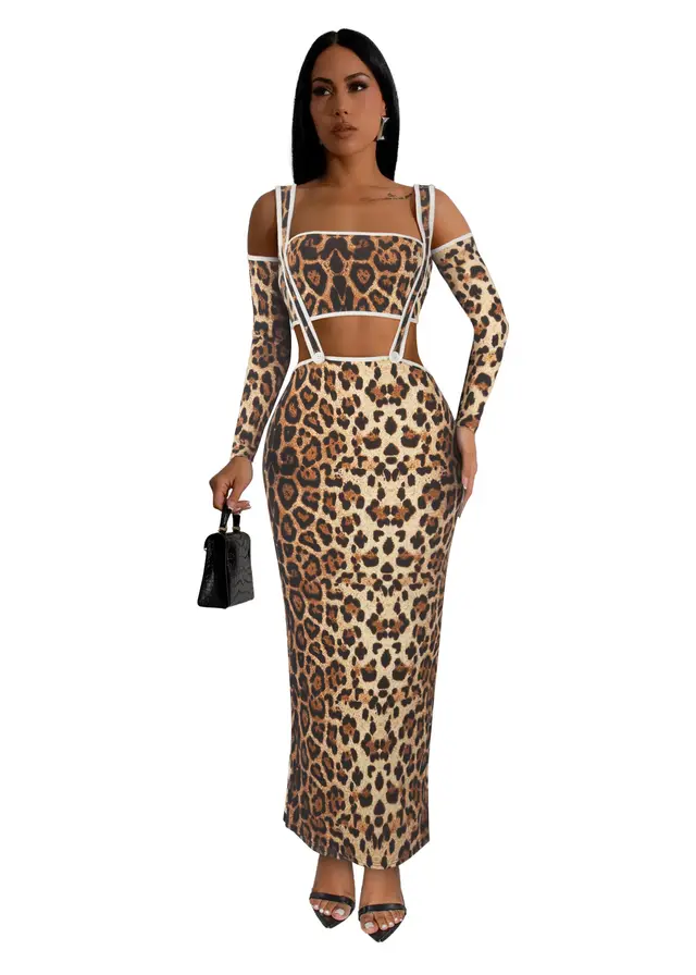 Women's Casual Slim Leopard Print Set Long Skirt 2863 Rhubarb Leopard - Shop at LoveMi
