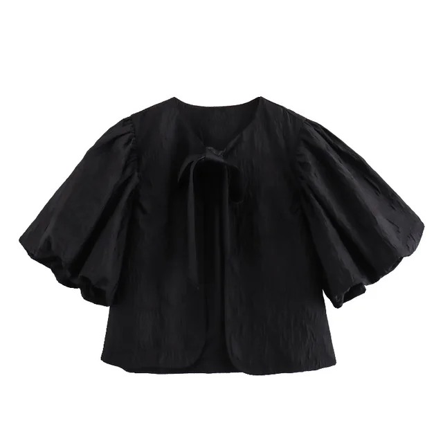New Women's Lantern Short Sleeve Round Neck Top Black - Shop at LoveMi