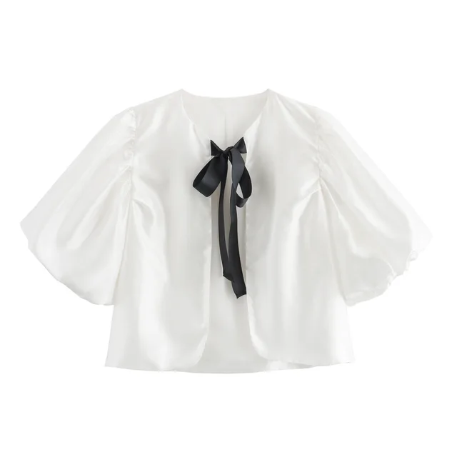 New Women's Lantern Short Sleeve Round Neck Top White - Shop at LoveMi