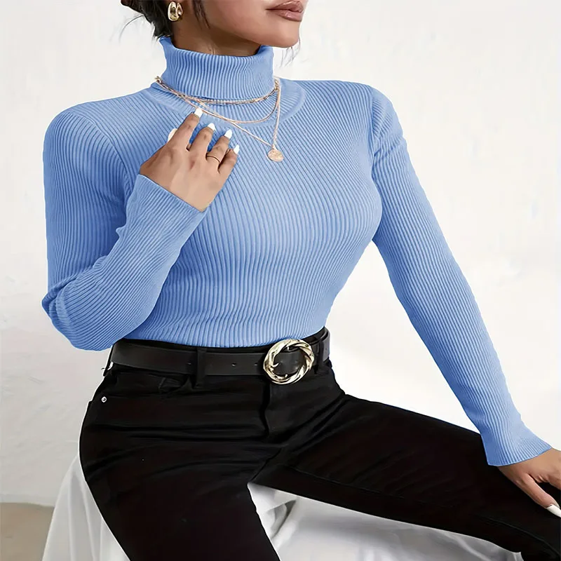 Autumn New Long Sleeve Turtleneck Fashion Solid Color Sweater Light Blue - Shop at LoveMi