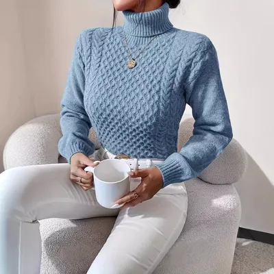 Autumn And Winter New High Neck Twist Woven Jacket Blue - Shop at LoveMi