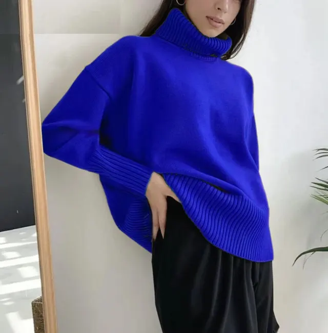 Soft And Comfortable High Polo Collar Solid Color Pullover Blue - Shop at LoveMi