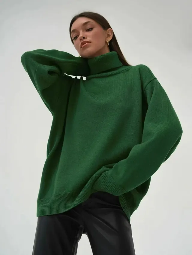 Soft And Comfortable High Polo Collar Solid Color Pullover Dark Green - Shop at LoveMi