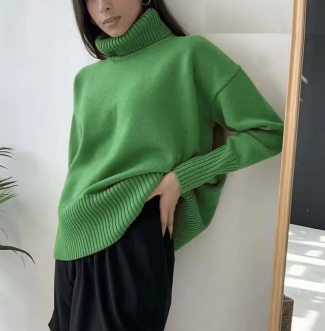 Soft And Comfortable High Polo Collar Solid Color Pullover Emerald Green - Shop at LoveMi