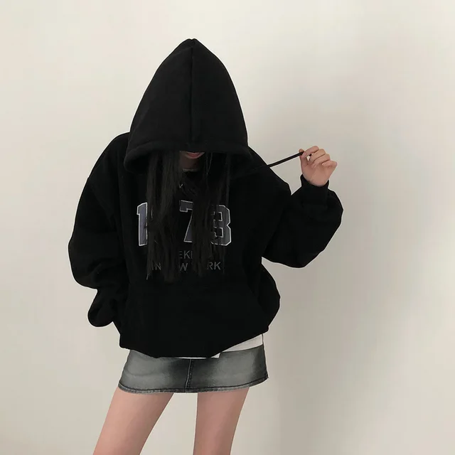 New Student Loose And Idle Letters Hooded Fleece Lined Sweater Black - Shop at LoveMi