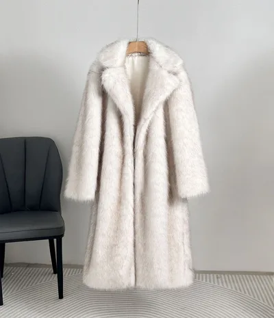 Autumn And Winter Extended Imitation Fur Coat Overcoat White - Shop at LoveMi
