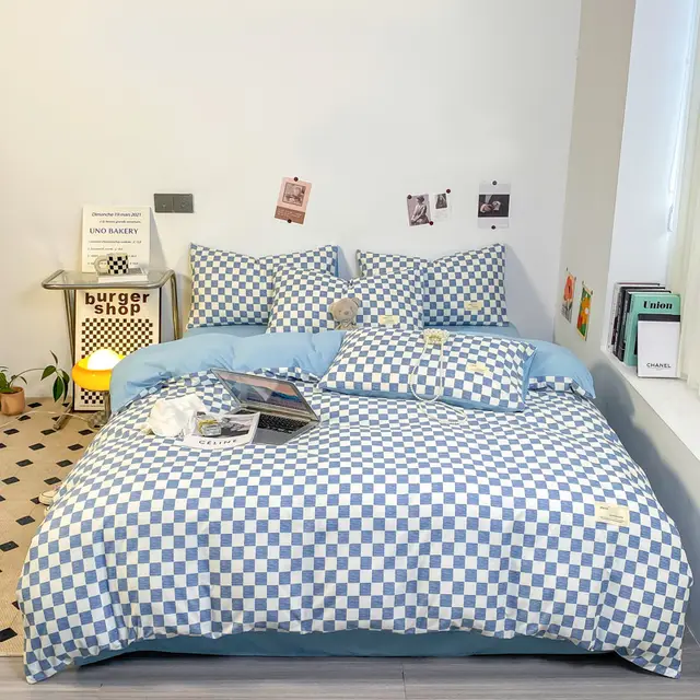 Solid Color Double Stitching Washed Cotton Duvet Cover Bedding Amber Blue - Shop at LoveMi