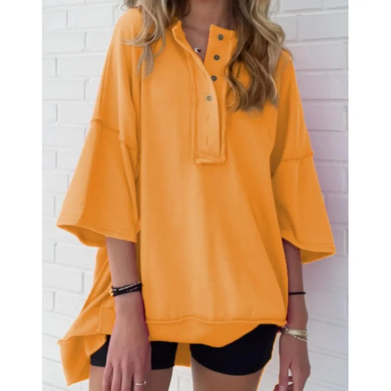 Solid Color Loose Casual Button Sweater - Orange