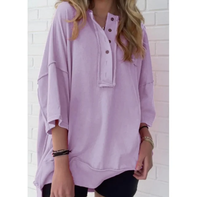 Solid Color Loose Casual Button Sweater Purple - Shop at LoveMi
