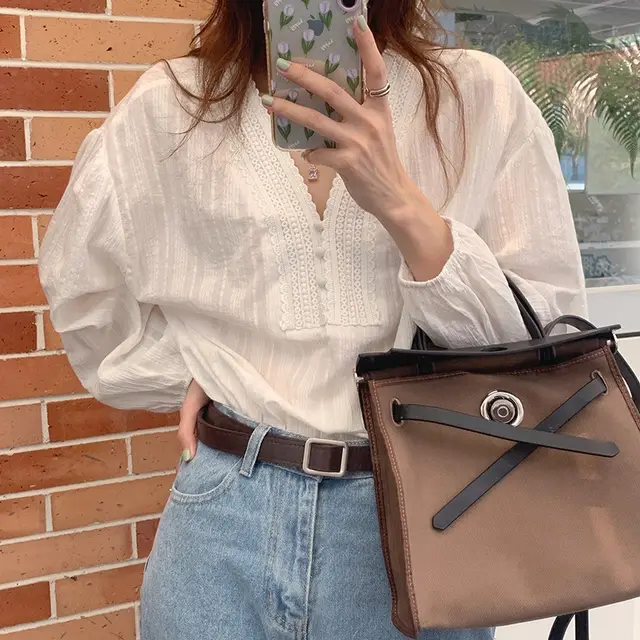 Retro Korean Type Loose V neck Lace Stitching Shirt White - Shop at LoveMi