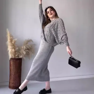 Autumn New Solid Color Hollow Round Neck Top Casual Knitted Skirt Suit Gray - Shop at LoveMi