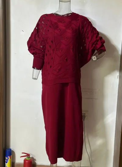 Autumn New Solid Color Hollow Round Neck Top Casual Knitted Skirt Suit Red - Shop at LoveMi