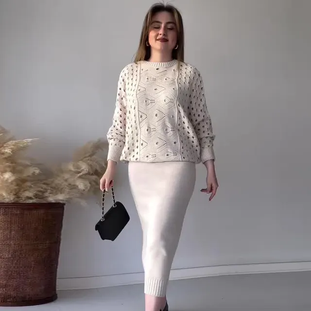 Autumn New Solid Color Hollow Round Neck Top Casual Knitted Skirt Suit White - Shop at LoveMi