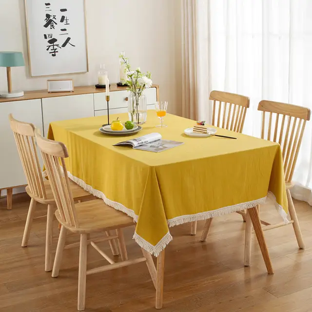 All Cotton Washed Cotton Tassel Coffee Table Cloth Table Cloth Yellow Dense Tassel - Shop at LoveMi