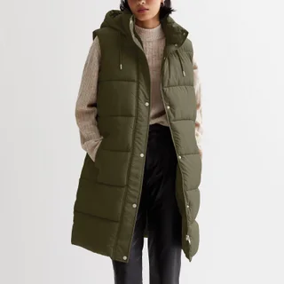 Solid Color Mid-length Vest Hooded Top Women's Single-breasted Coat - Army Green